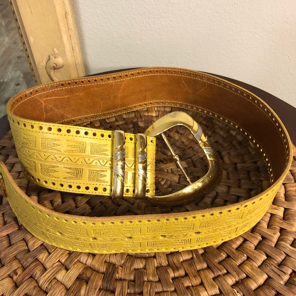 TB Stamped Yellow Leather Belt. Loving the angled